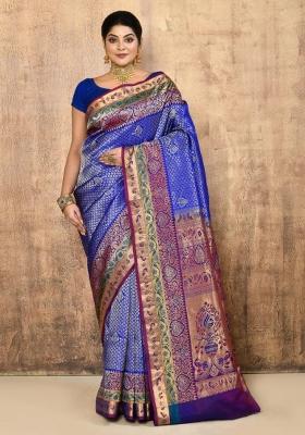 Royal Blue Embroidered Pure Silk Saree Set