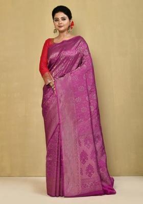 Purple Embroidered Pure Silk Saree Set