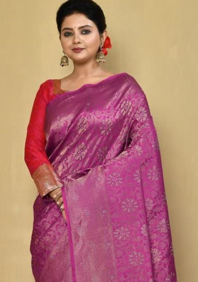Purple Embroidered Pure Silk Saree Set