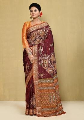 Dark Brown Embroidered Pure Silk Saree Set