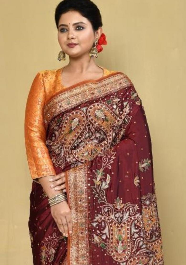Dark Brown Embroidered Pure Silk Saree Set