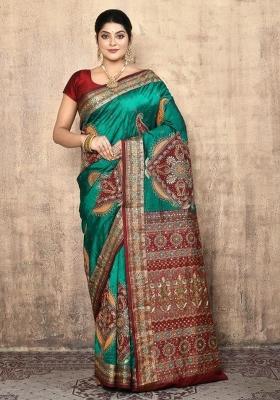 Teal Green Embroidered Pure Silk Saree Set