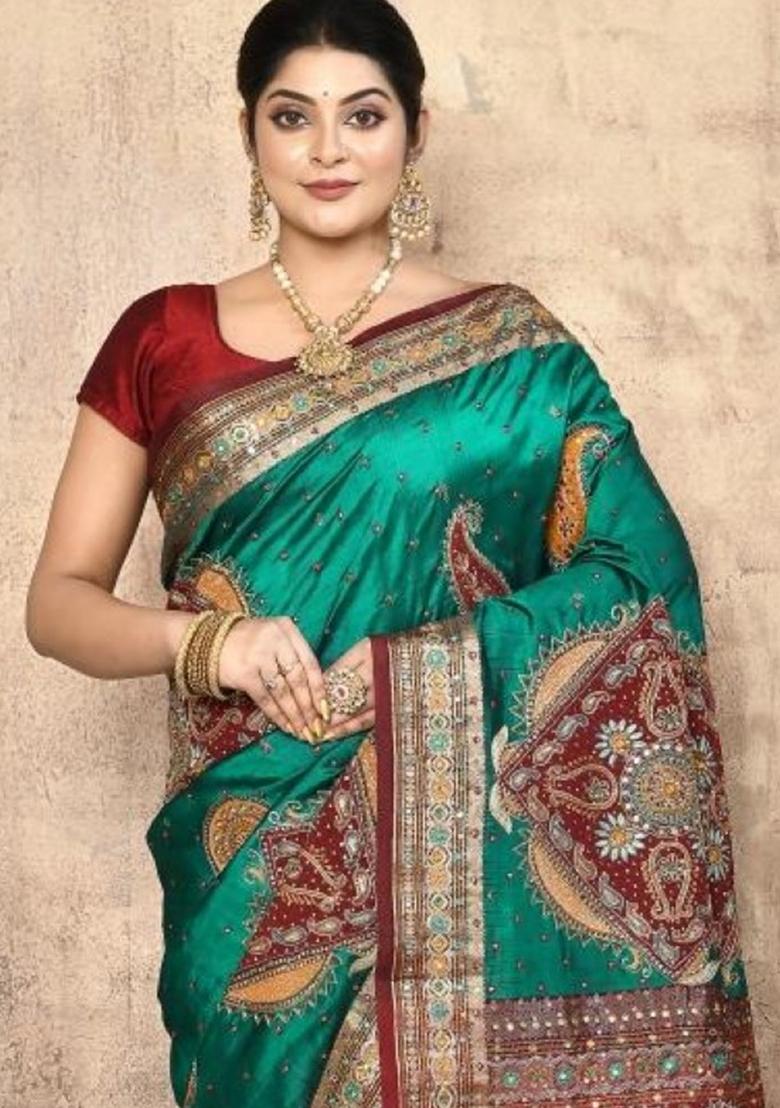 Teal Green Embroidered Pure Silk Saree Set