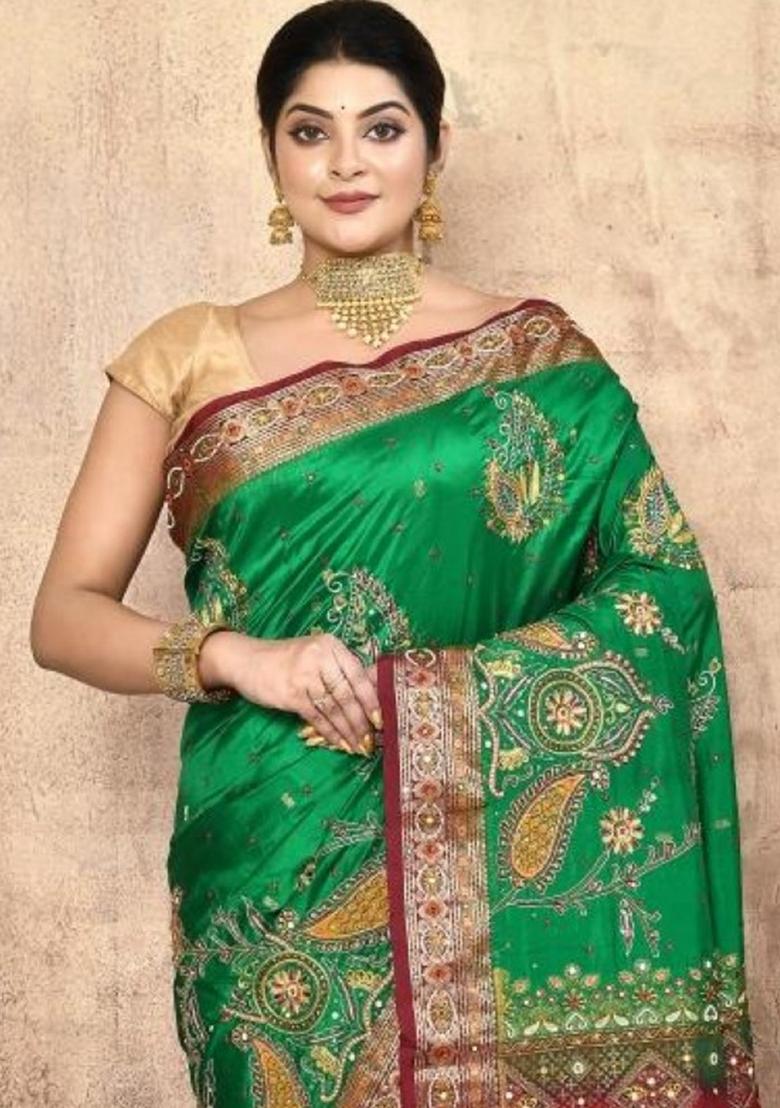 Green Embroidered Pure Silk Saree Set