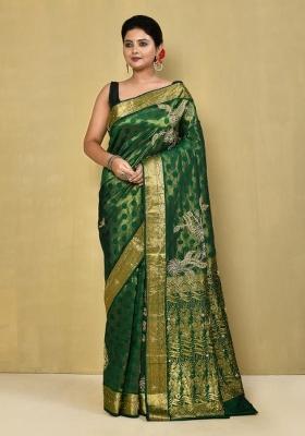 Dark Green Embroidered Pure Silk Saree Set