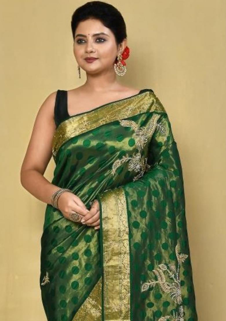 Dark Green Embroidered Pure Silk Saree Set