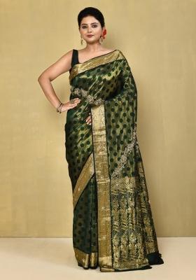 Dark Green Embroidered Pure Silk Saree Set