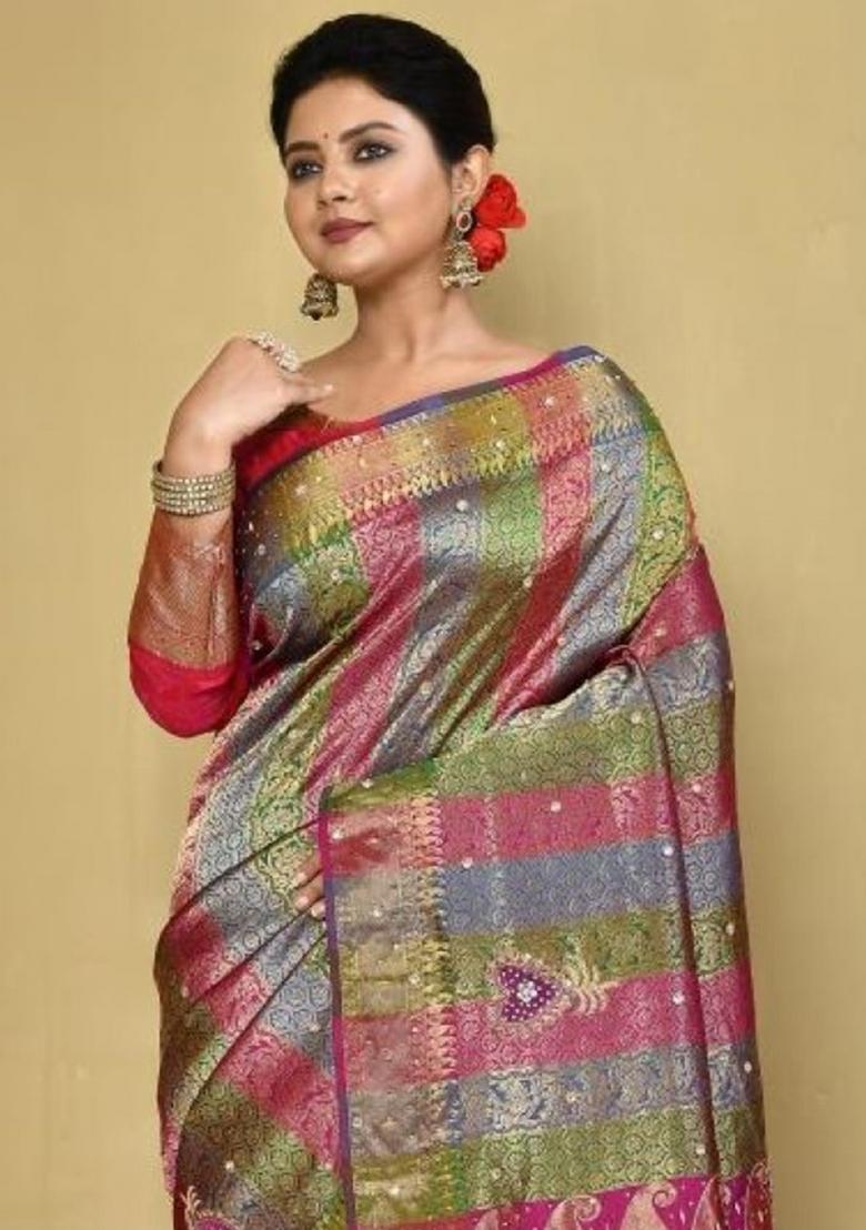 Multi Embroidered Pure Silk Saree Set