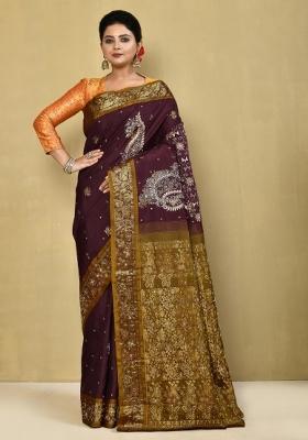 Dark Brown Embroidered Pure Silk Saree Set