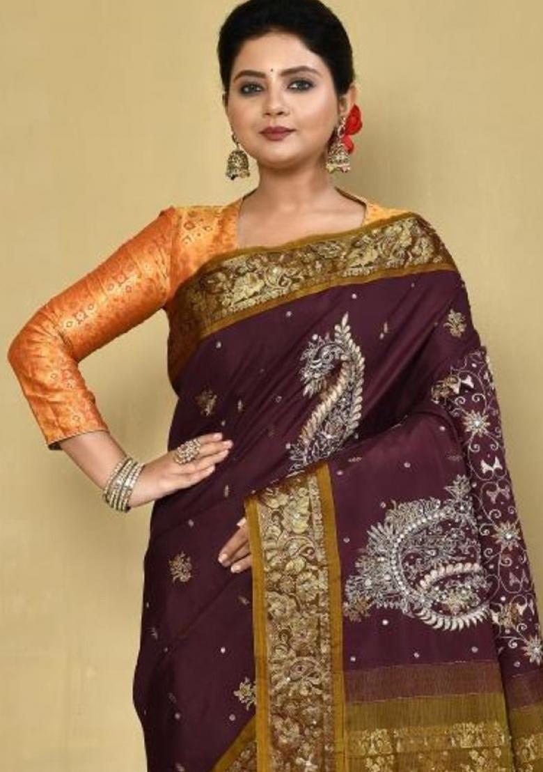 Dark Brown Embroidered Pure Silk Saree Set