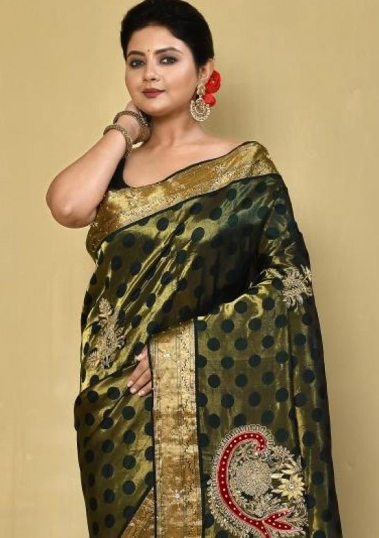 Dark Green Embroidered Pure Silk Saree Set