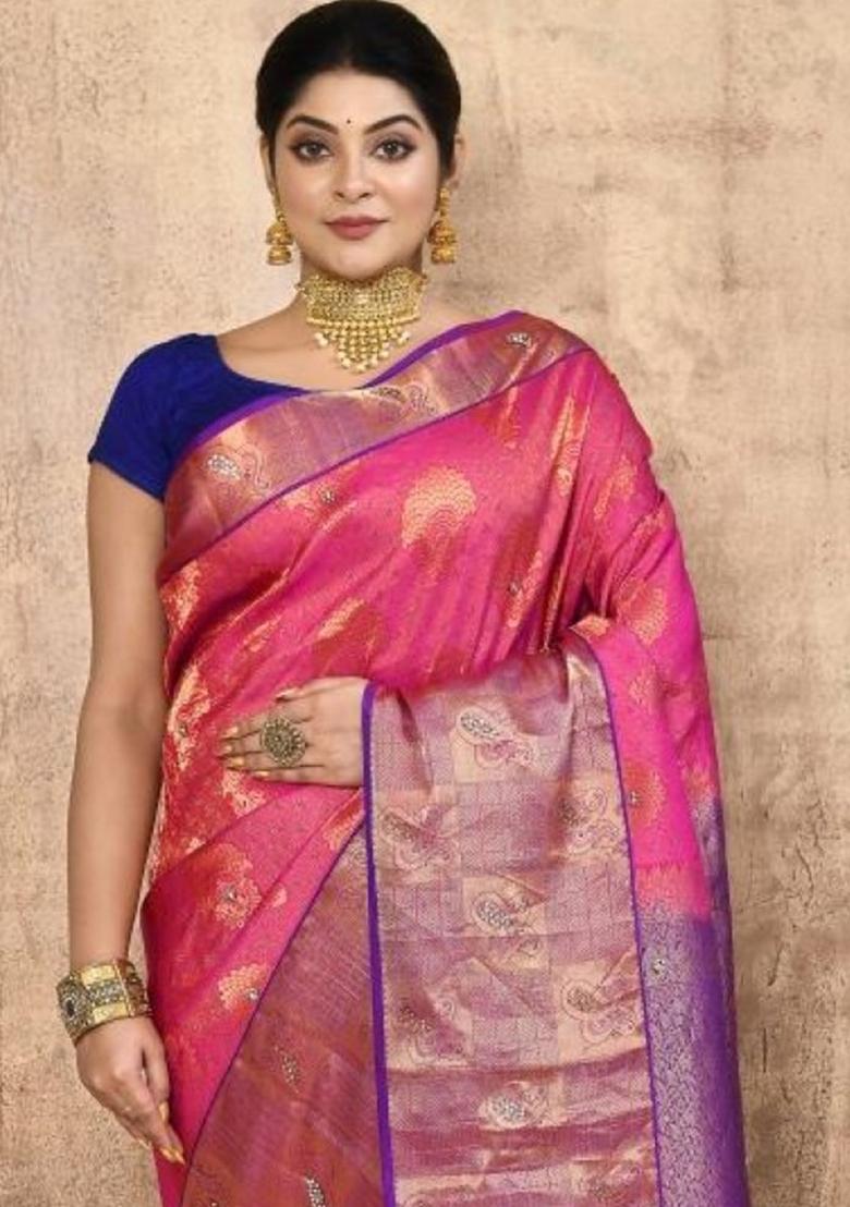 Pink Embroidered Pure Silk Saree Set