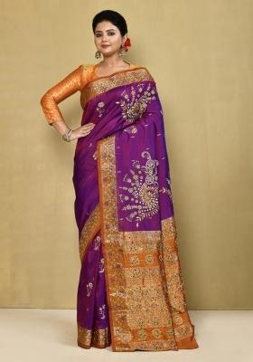 Purple Embroidered Pure Silk Saree Set
