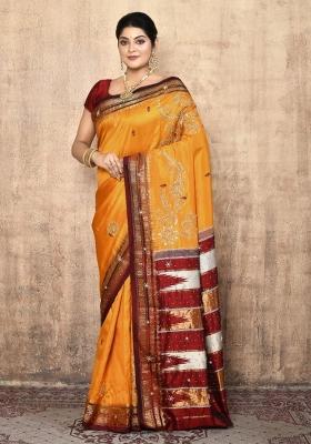 Orange Embroidered Pure Silk Saree Set