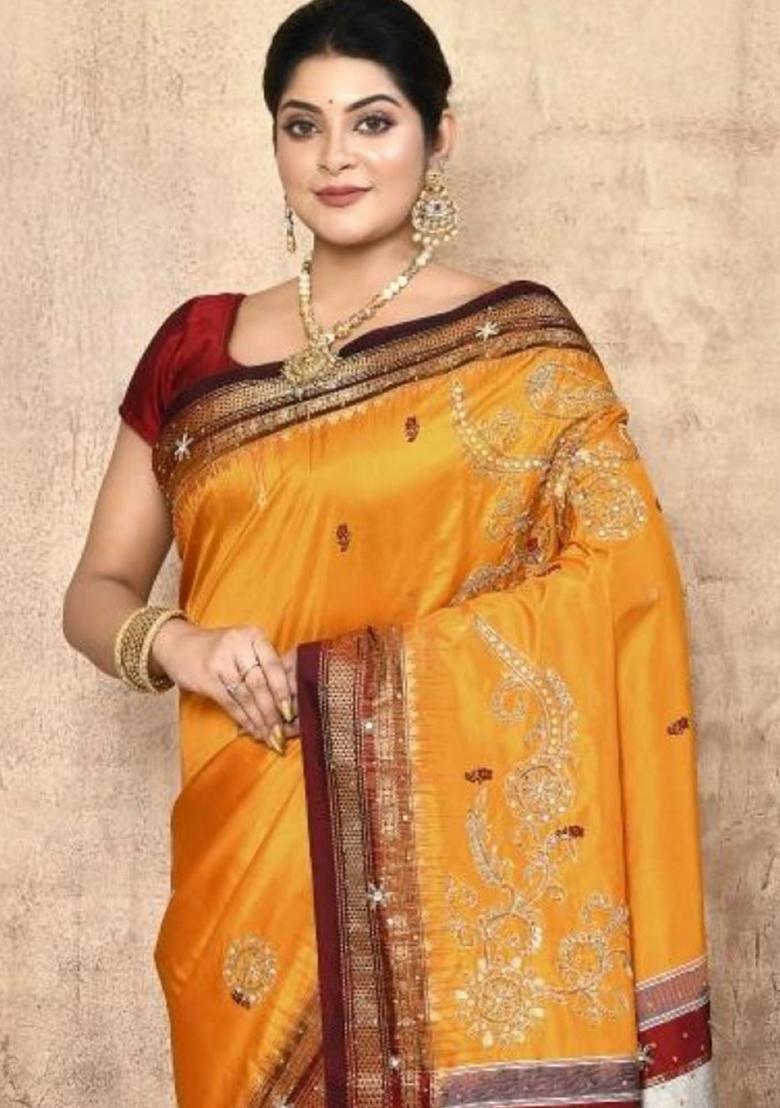 Orange Embroidered Pure Silk Saree Set