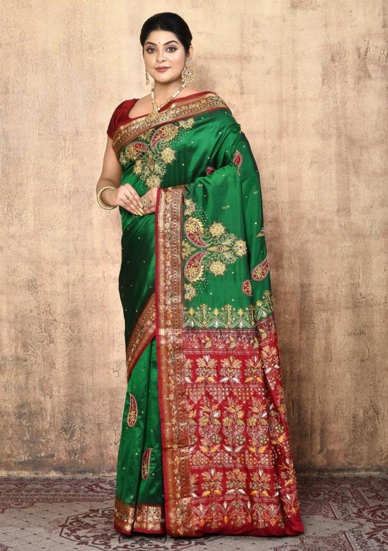 Green Embroidered Pure Silk Saree Set
