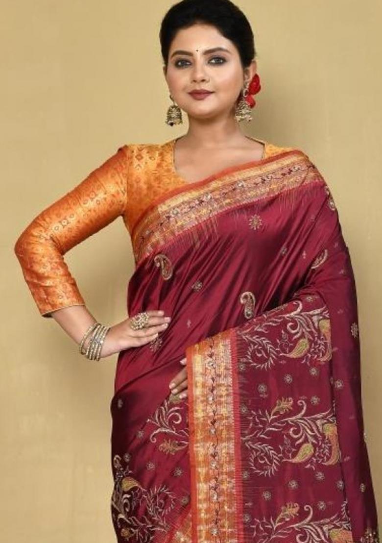 Red Embroidered Pure Silk Saree Set