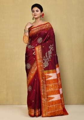 Red Embroidered Pure Silk Saree Set