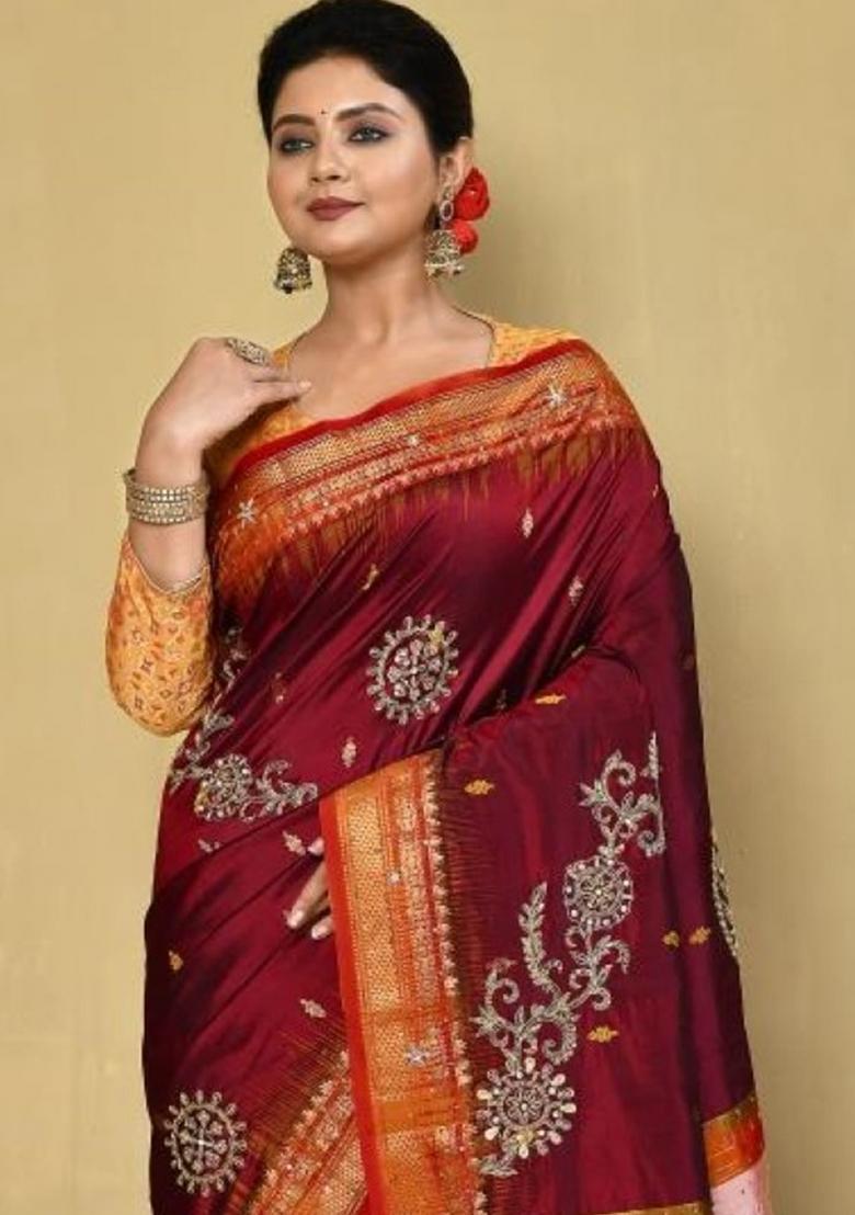 Red Embroidered Pure Silk Saree Set