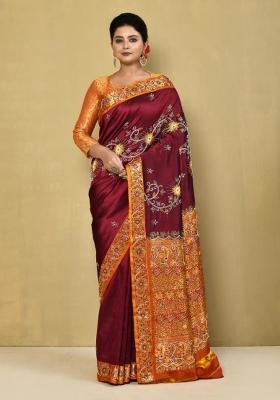 Red Embroidered Pure Silk Saree Set