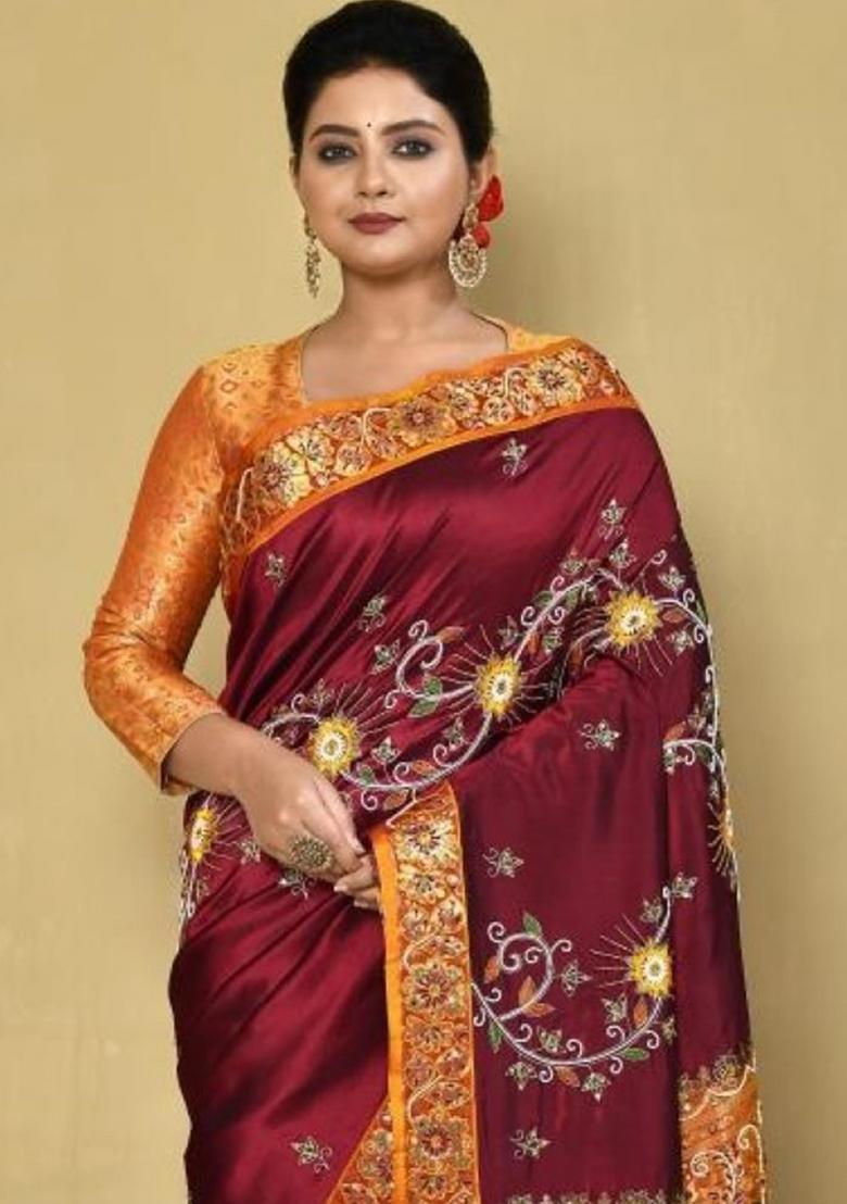 Red Embroidered Pure Silk Saree Set