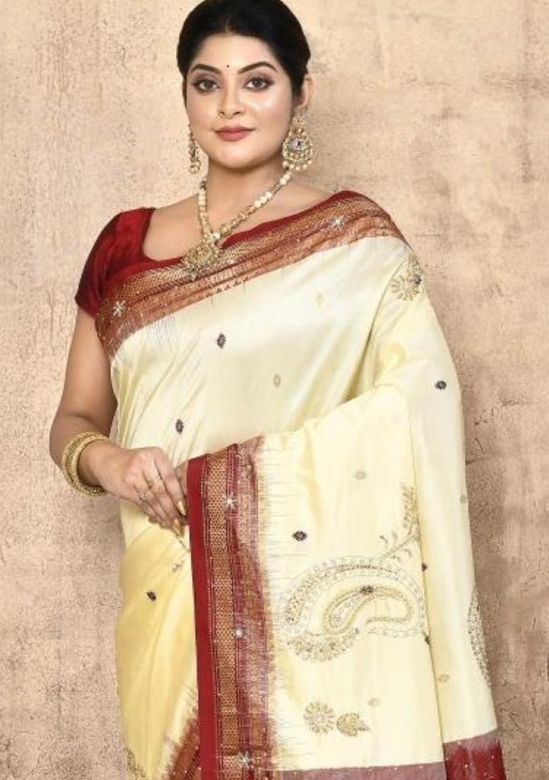 Cream Embroidered Pure Silk Saree Set