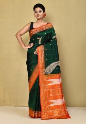 Dark Green Embroidered Pure Silk Saree Set