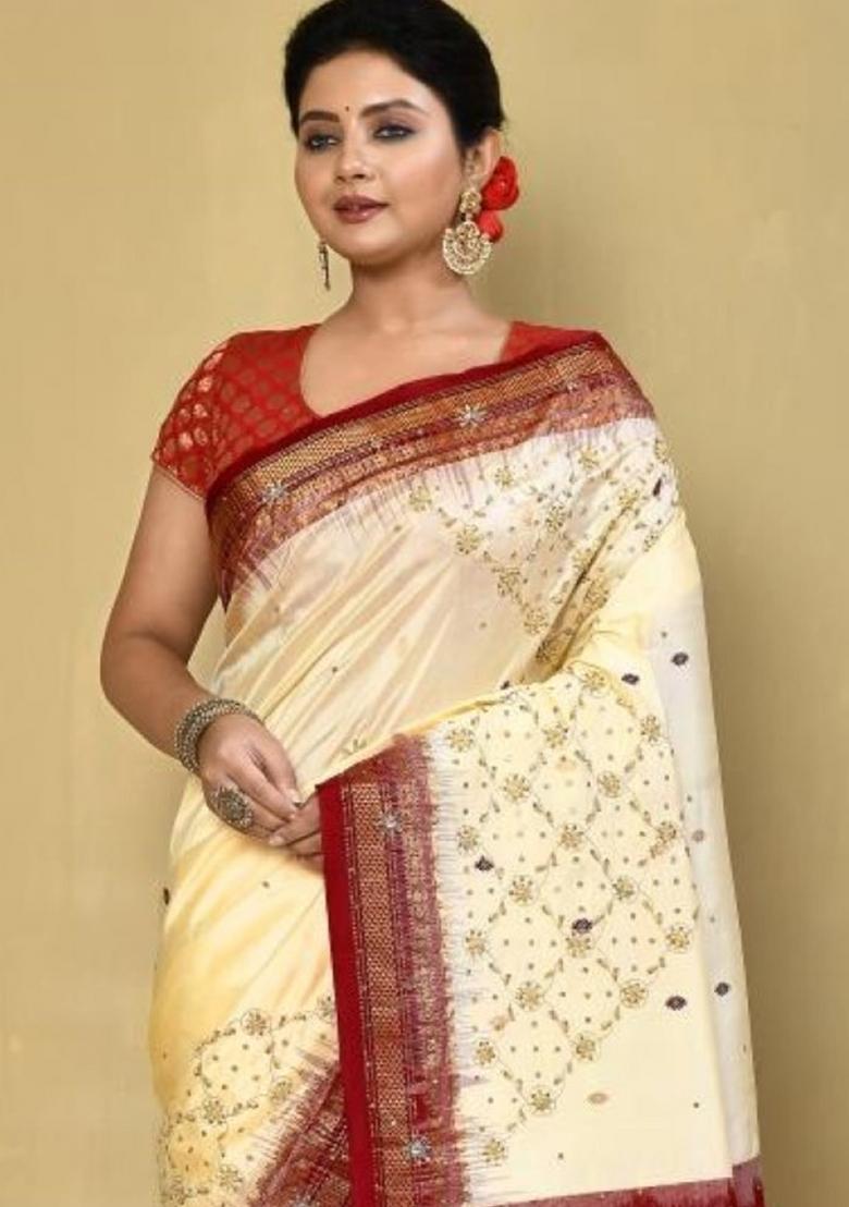 Cream Embroidered Pure Silk Saree Set