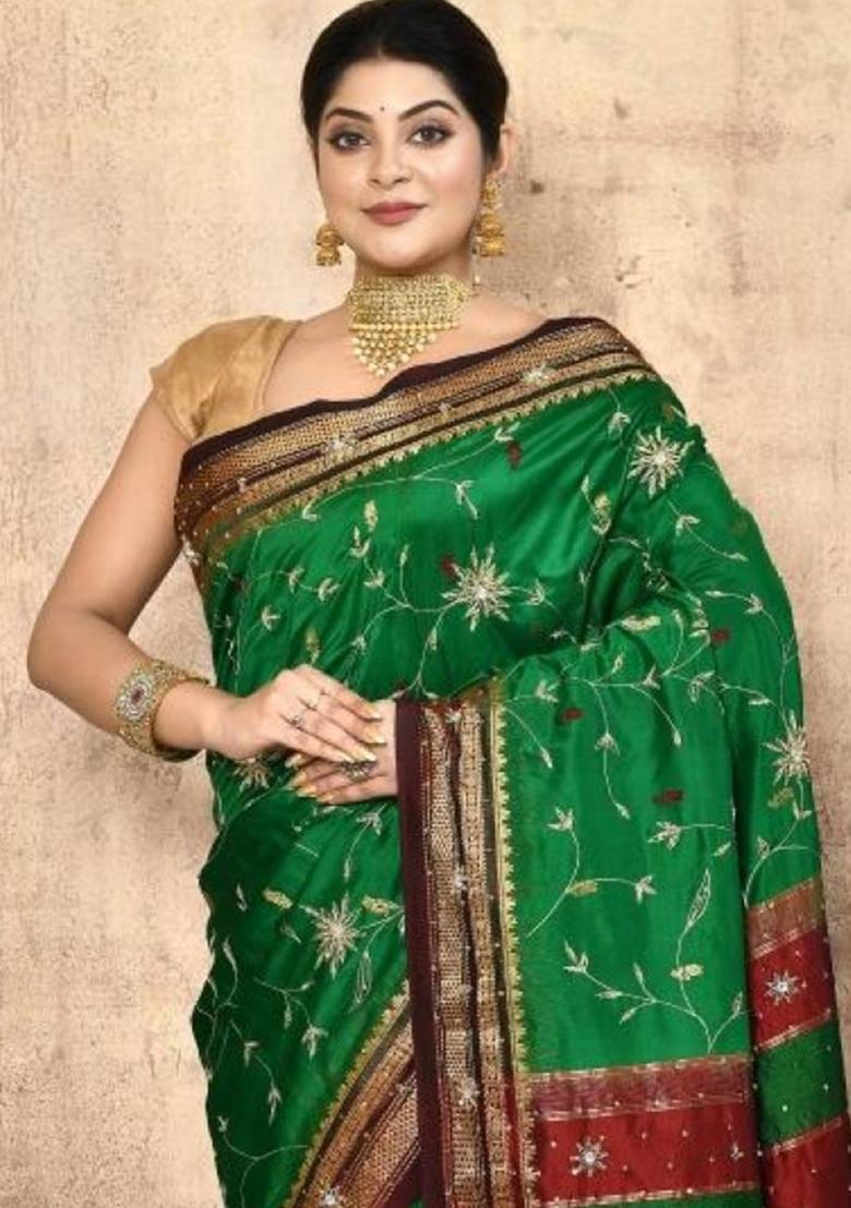 Green Embroidered Pure Silk Saree Set