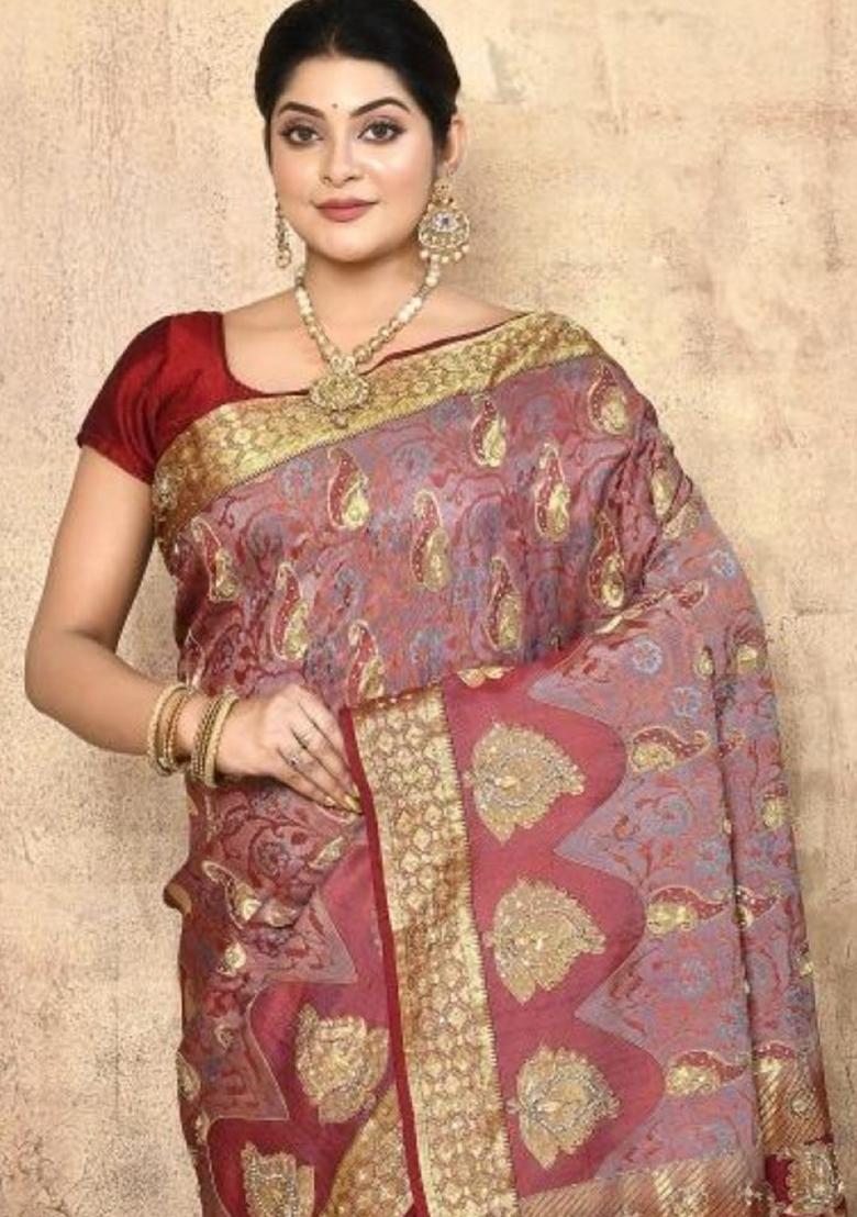 Rose Gold Embroidered Pure Silk Saree Set