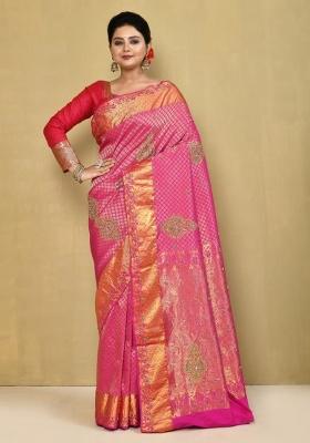 Pink Embroidered Pure Silk Saree Set