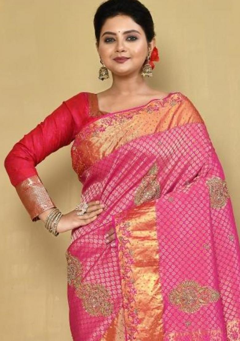 Pink Embroidered Pure Silk Saree Set