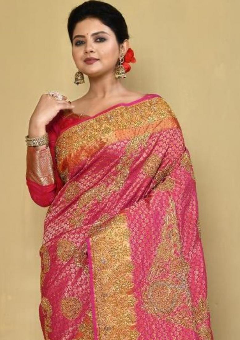 Pink Embroidered Pure Silk Saree Set
