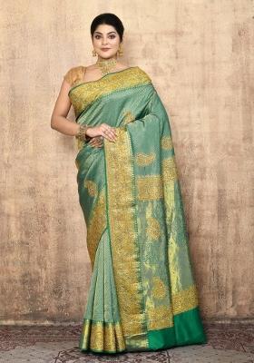 Light Green Embroidered Pure Silk Saree Set