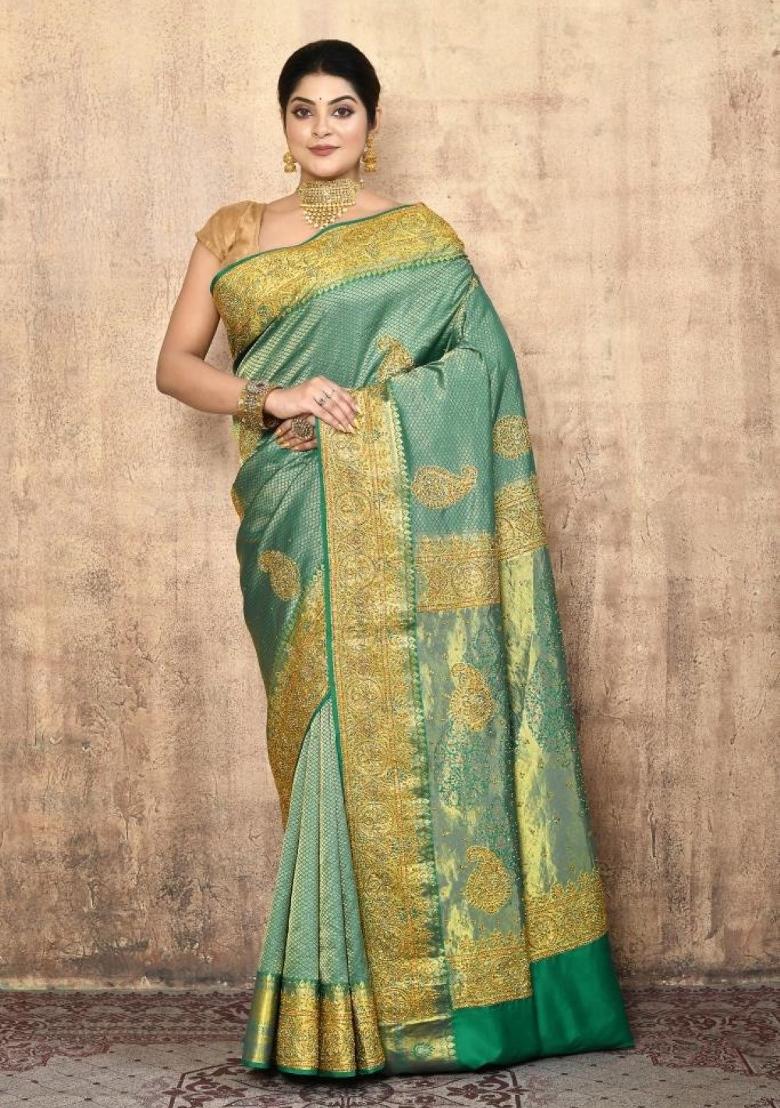 Light Green Embroidered Pure Silk Saree Set