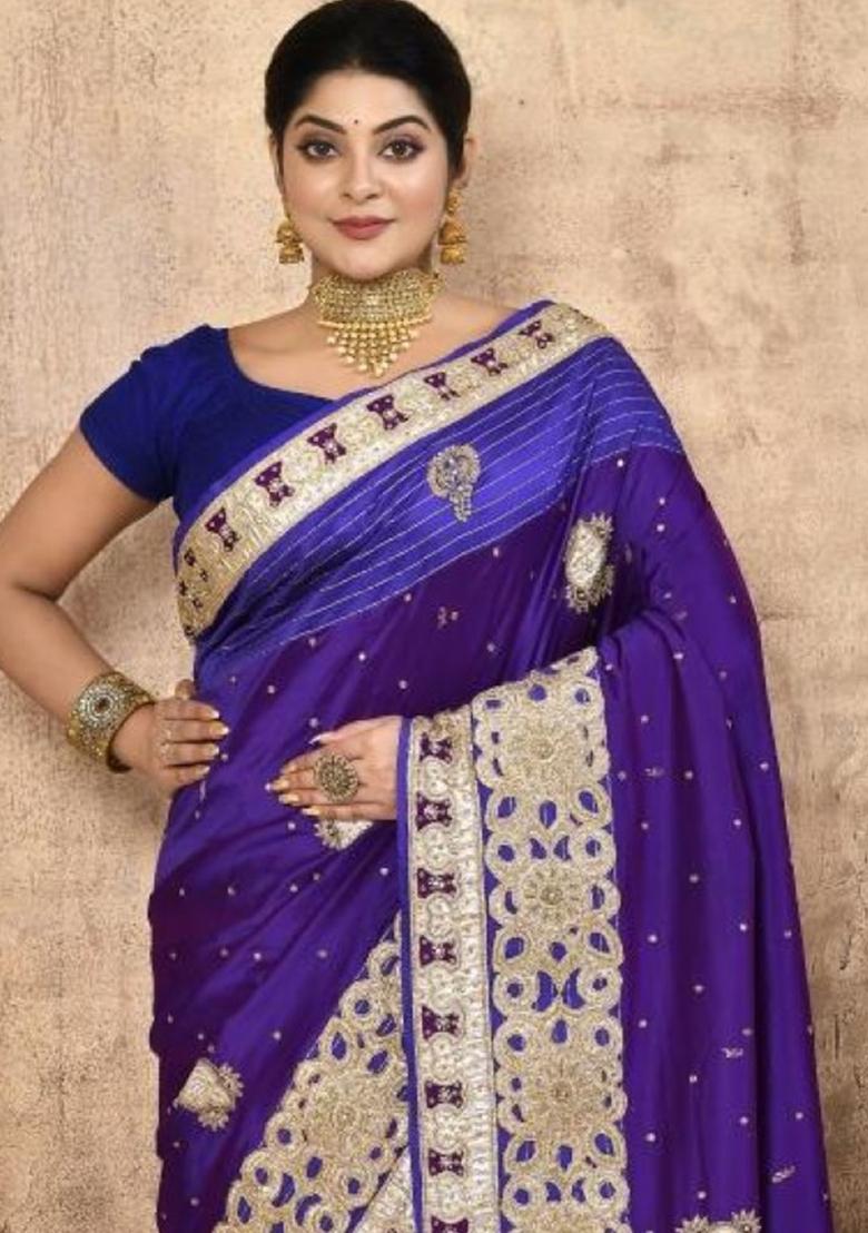 Royal Blue Embroidered Pure Silk Saree Set