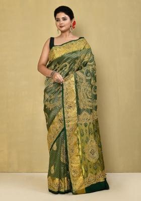 Dark Green Embroidered Pure Silk Saree Set