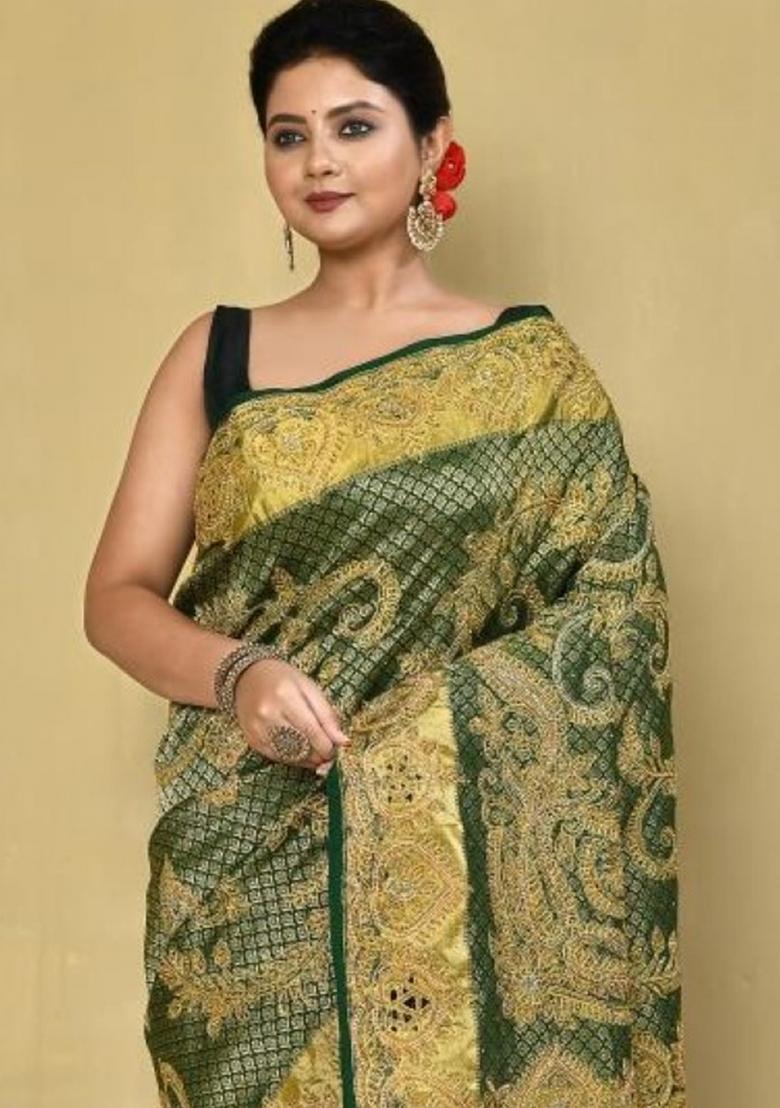 Dark Green Embroidered Pure Silk Saree Set