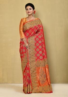 Red Embroidered Pure Silk Saree Set