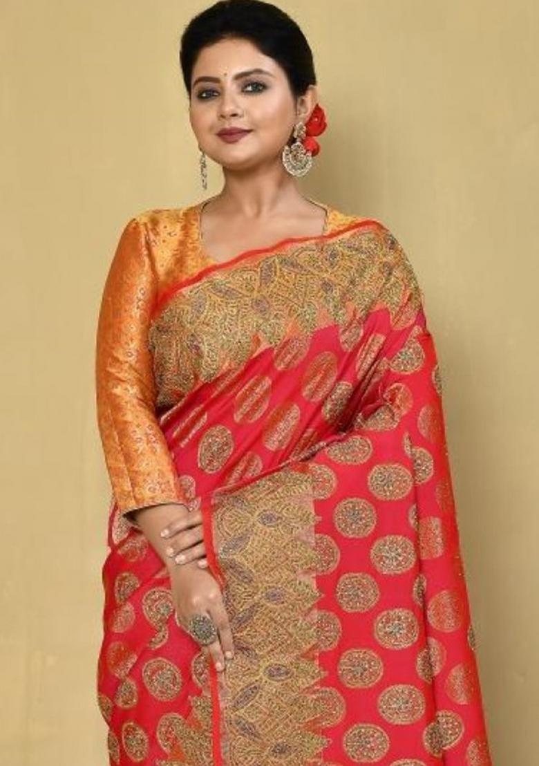 Red Embroidered Pure Silk Saree Set
