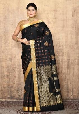 Black Embroidered Pure Silk Saree Set