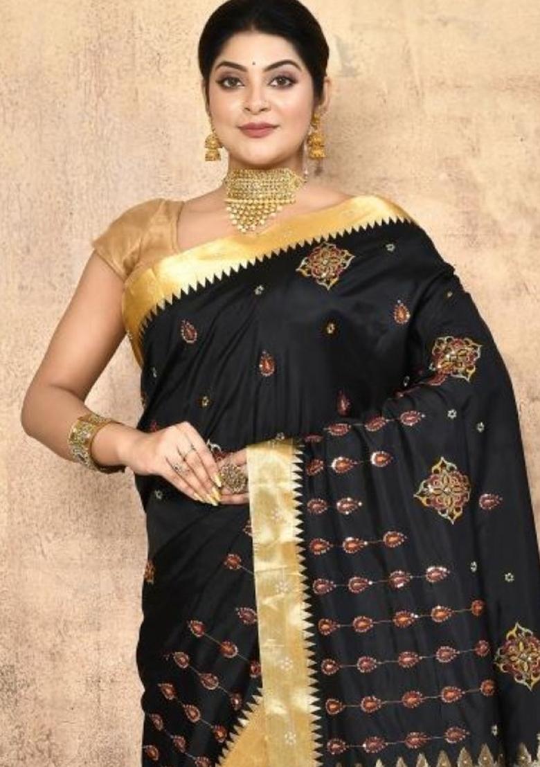 Black Embroidered Pure Silk Saree Set
