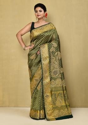 Dark Green Embroidered Pure Silk Saree Set