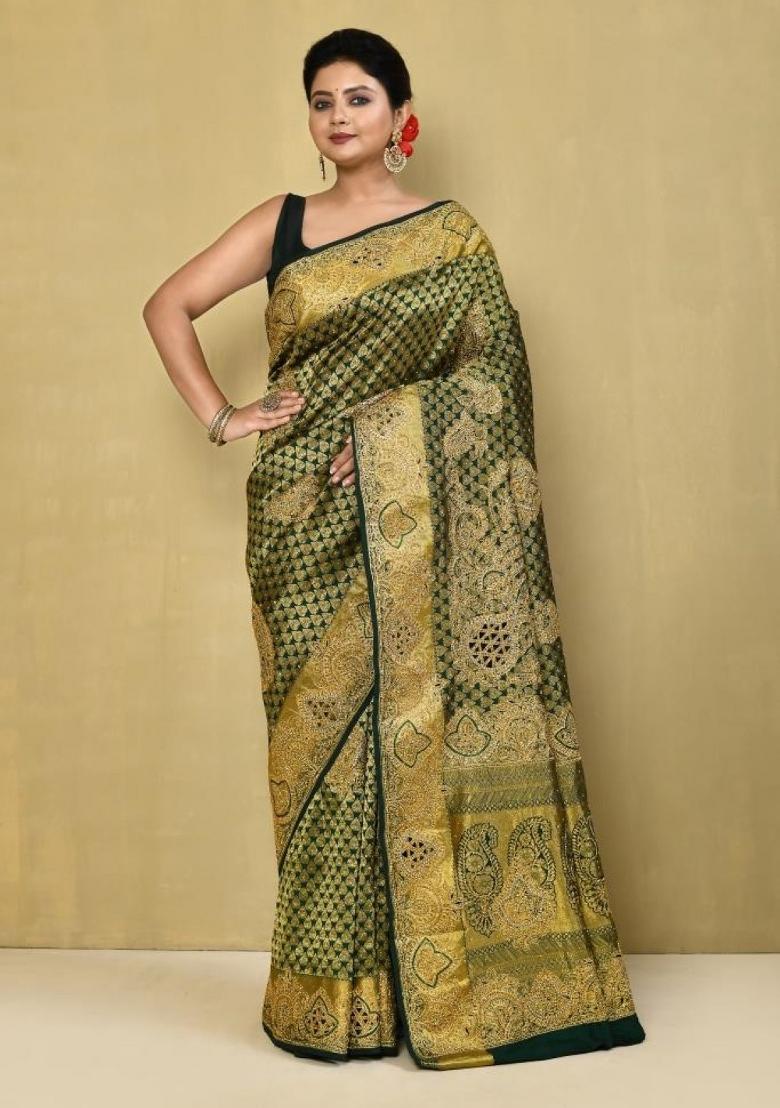 Dark Green Embroidered Pure Silk Saree Set