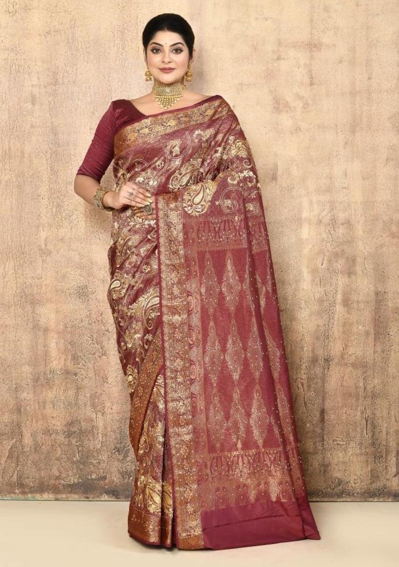 Rose Gold Embroidered Pure Silk Saree Set