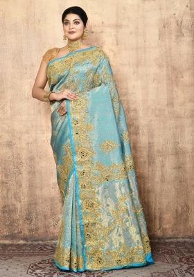 Light Blue Embroidered Pure Silk Saree Set