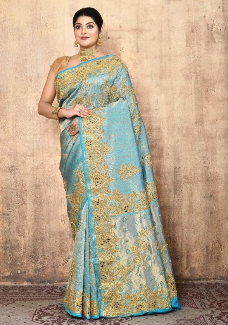 Light Blue Embroidered Pure Silk Saree Set