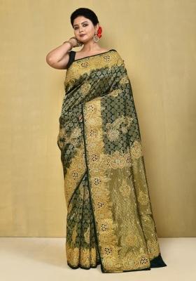 Dark Green Embroidered Pure Silk Saree Set
