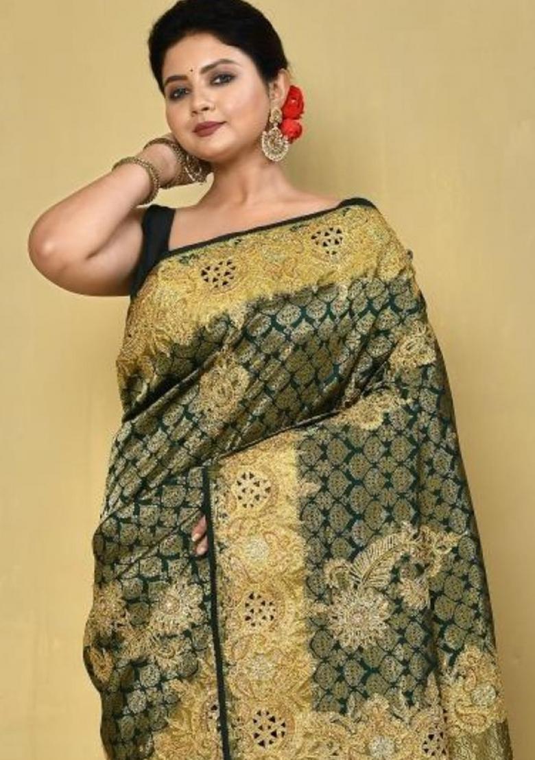 Dark Green Embroidered Pure Silk Saree Set