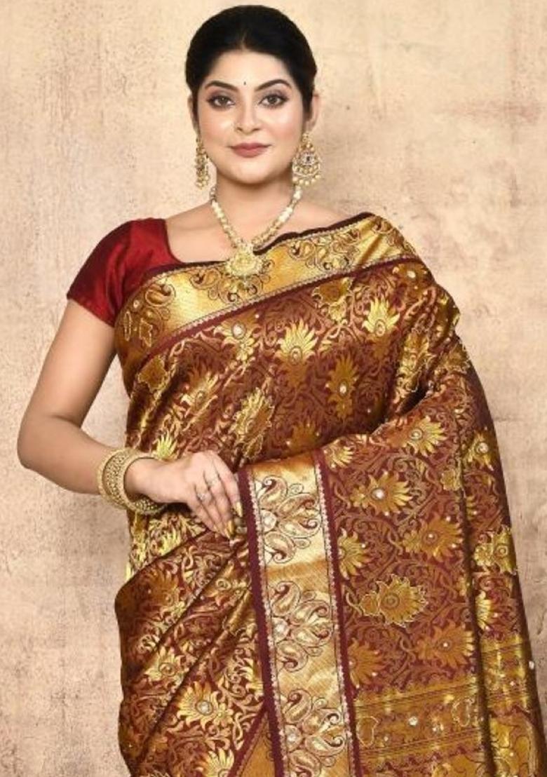 Red Embroidered Pure Silk Saree Set